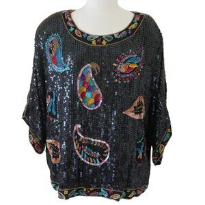 vtg 80s DESIGN ASSETS Paisley sequin top sz 3x